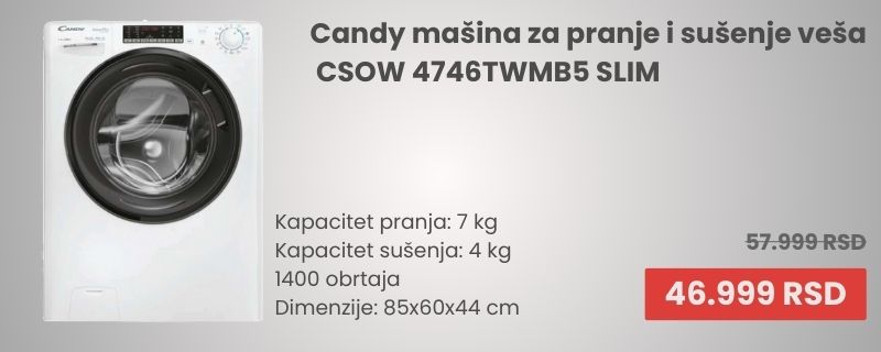 Candy mašina za pranje i sušenje veša CSOW 4746TWMB5 SLIM - Cool Shop